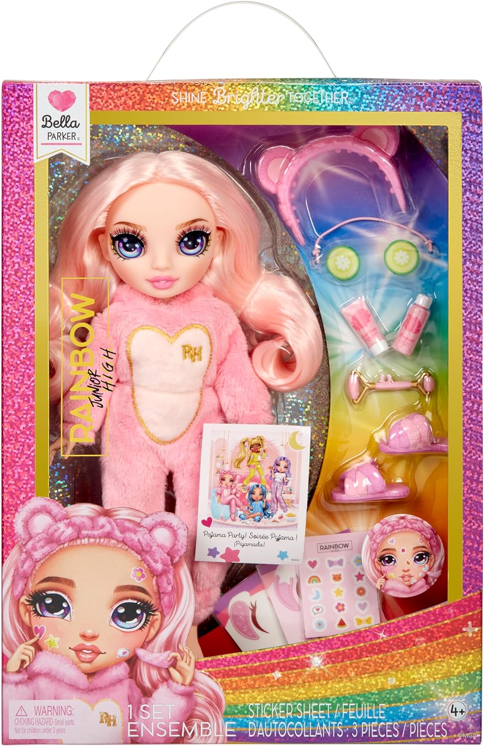 RAINBOW HIGH - Jr High PJ PARTY - BELLA (Pink) 9" posable doll with soft onesie, slippers, play accessories