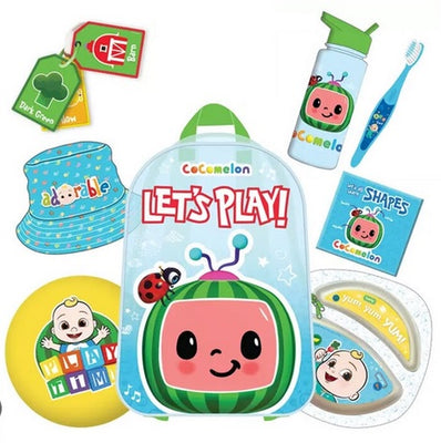 CocoMelon - Showbag ( including a backpack, hat , bottle, ball, toothbrush, plate, bath book, learning cards) - on clearance