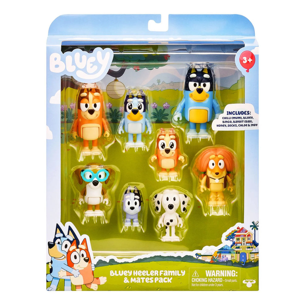 BLUEY Family and Friends - 8 Pack - 6.5-7.5cm Bluey, Bingo, Chilli (Mum) and Dad (Bandit), Honey, Socks, Chloe and Indy Figures - on Clearance