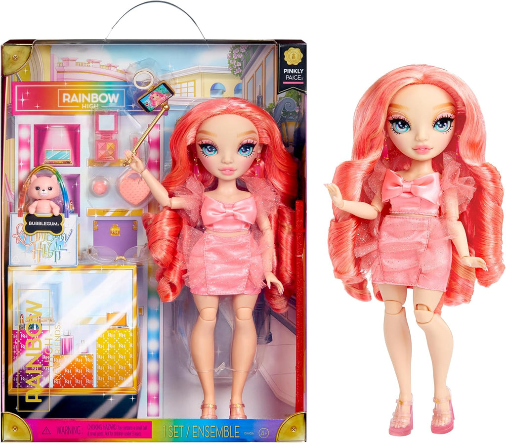 RAINBOW HIGH - Pinkly - Pink Fashion Doll in Fashionable Outfit,With Glasses & 10 + colorful play accessories