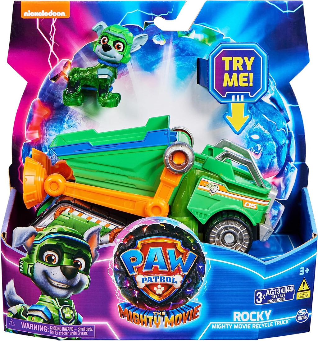Paw Patrol The Mighty Movie Toy Garbage Truck Recycler with Rocky Mighty Pups Action Figure Lights and Sounds