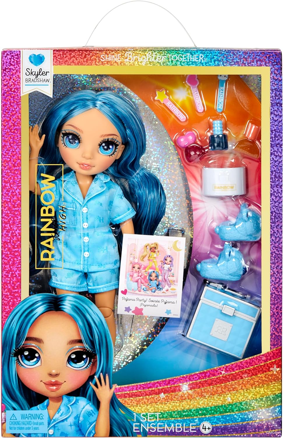 RAINBOW HIGH - Jr High PJ PARTY - SKYLER (Blue) 9" posable doll with soft onesie, slippers, play accessories