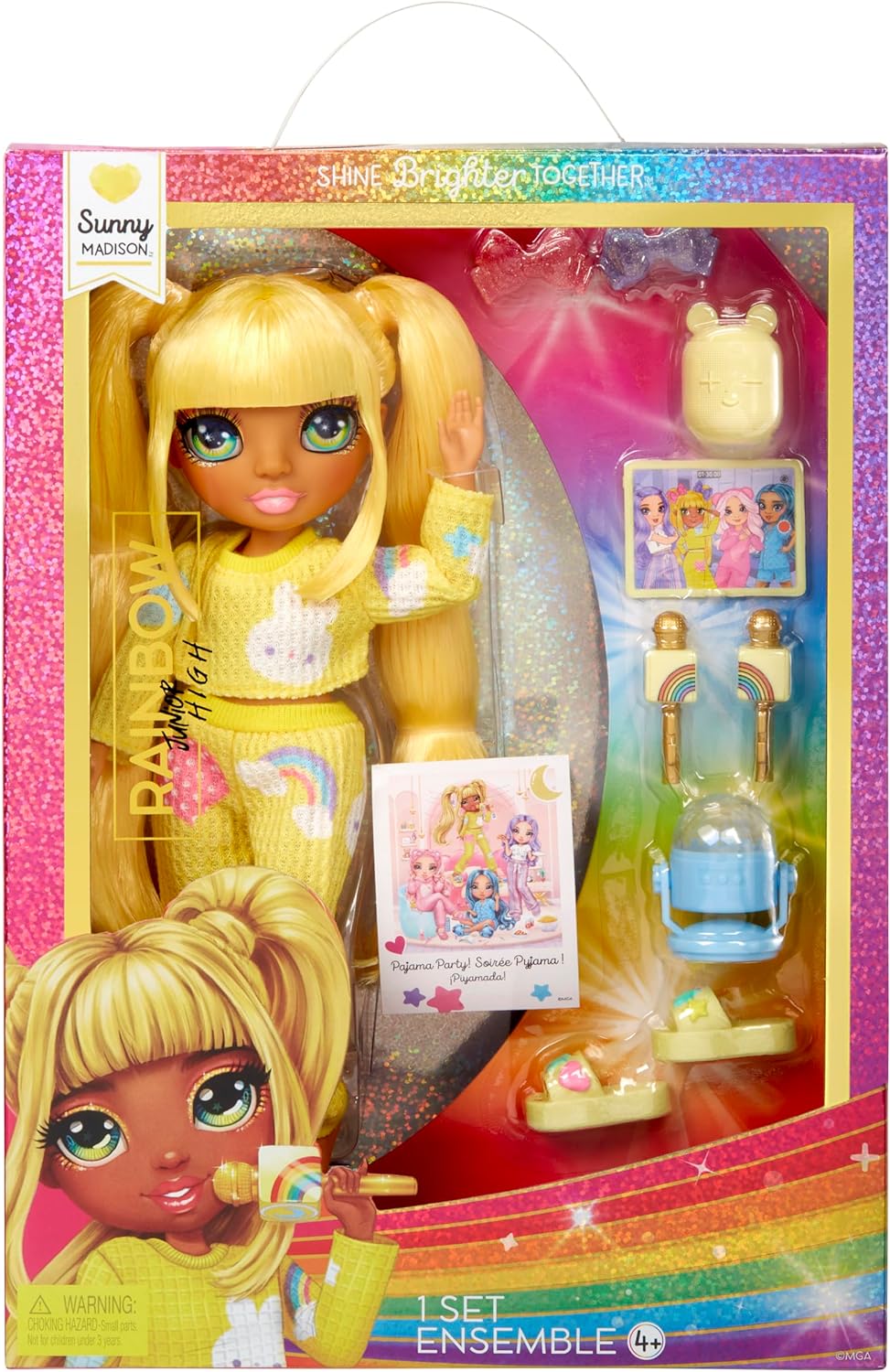 RAINBOW HIGH - Jr High PJ PARTY - SUNNY (Yellow) 9" posable doll with soft onesie, slippers, play accessories