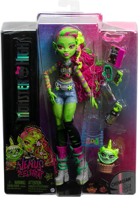 Monster High - G3 - Venus Mcflytrap Doll with Monster pet Cat Chewlian and Accessories like Backpack, Notebook Snacks and more