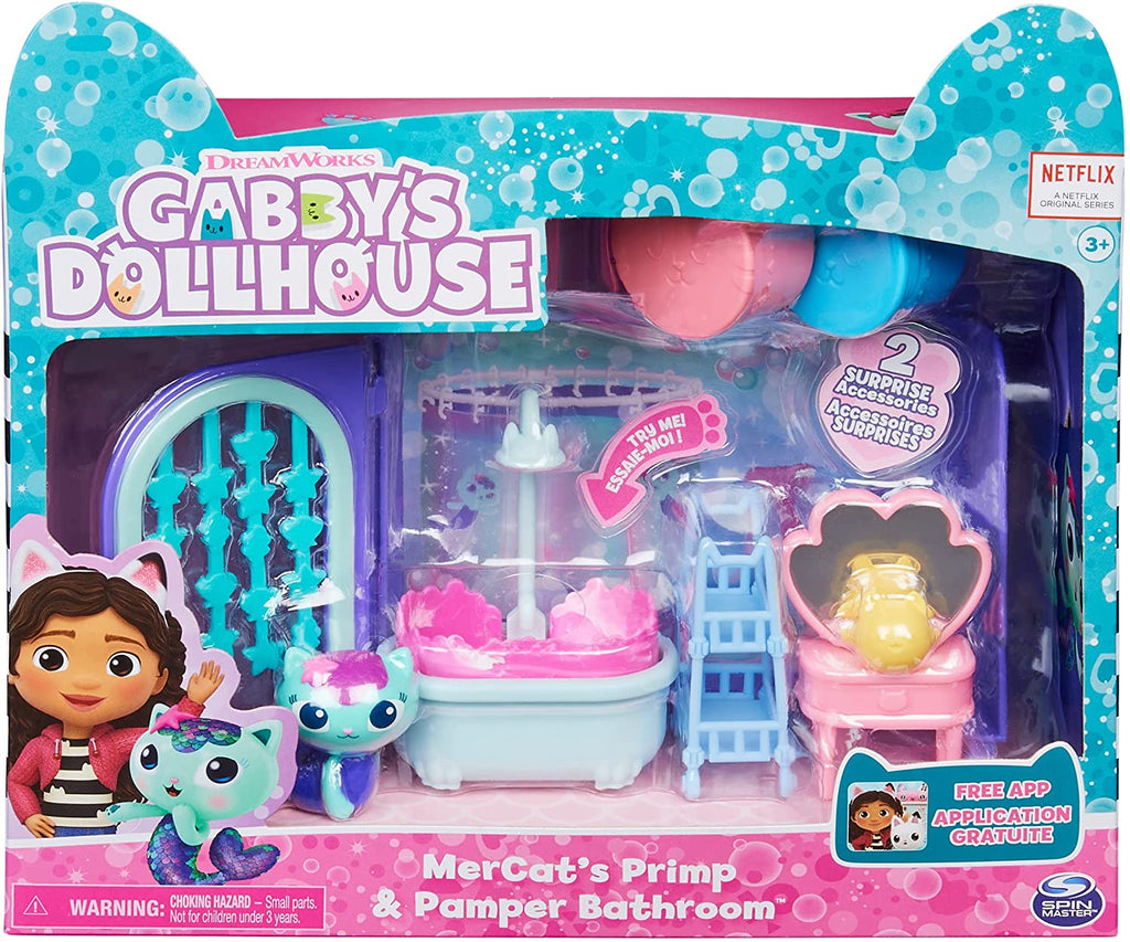 Gabby's Dollhouse - Primp and Pamer Bathroom with Mercat Figure, 3 accessories , 3 furniture and 2 Deliveries