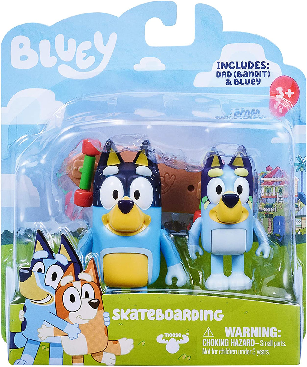 BLUEY - 2 pack figurines - Skateboarding with Bluey and Bandit - On clearance
