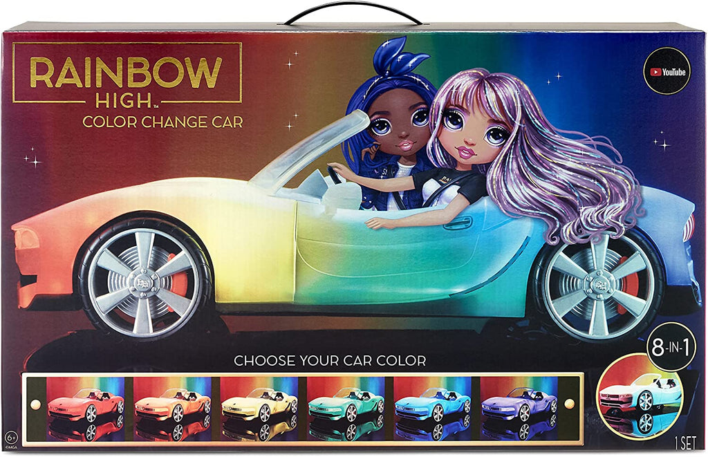 RAINBOW HIGH -  Color (colour) Change Car - Convertible Vehicle . 8-in-1 Light-up Multicolor Changing Car with Wheels That Move, Working Seat Belts and Steering Wheel. Car fits 2 Fashion Dolls